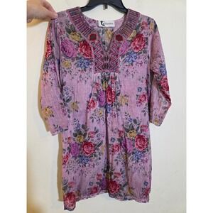 Moon Drops Pink Floral Embroidered‎ V-Neck Tunic Mini Dress Boho 3/4 Sleeve Med.